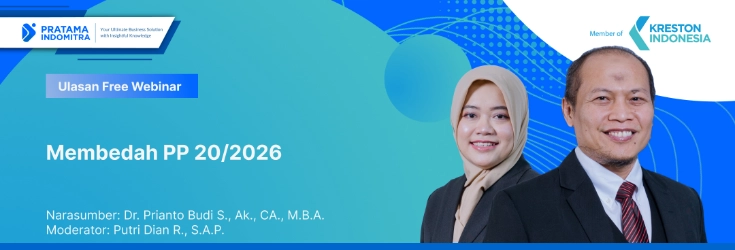 WEBINAR 233 » Pratama Indomitra Promotional banner for a free webinar titled 'Membedah PP 20/2026' featuring two speakers (woman in hijab, man in suit) with blue gradient background and company logos on the left and right.