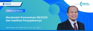 Banner for a free webinar on Permenkum 49/2025 and its tax implications, featuring speaker Dr. Prianto Budi S., Ak., CA., M.B.A., with blue gradient backdrop and logos in corners.