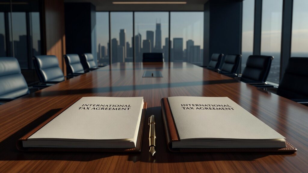 Two open notebooks titled 'International Tax Agreement' sit on a polished conference table with a gold pen between them, city skyline in the background.