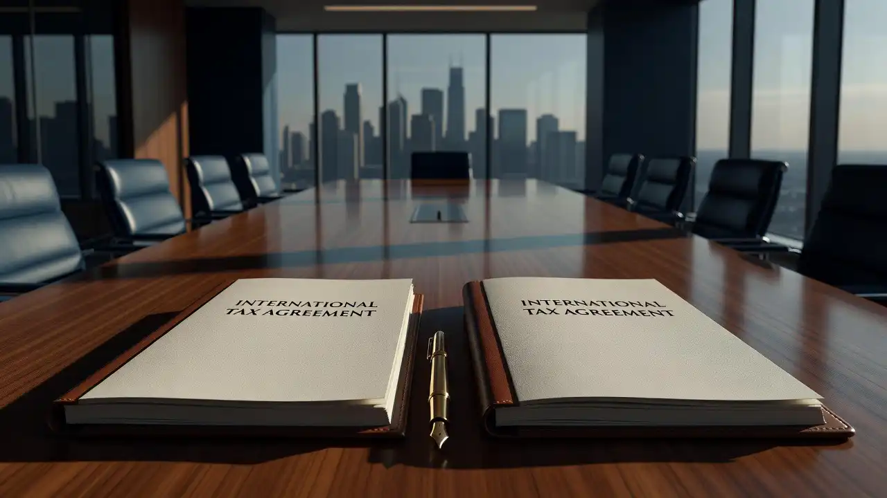 » Pratama Indomitra Two open notebooks titled 'International Tax Agreement' sit on a polished conference table with a gold pen between them, city skyline in the background.